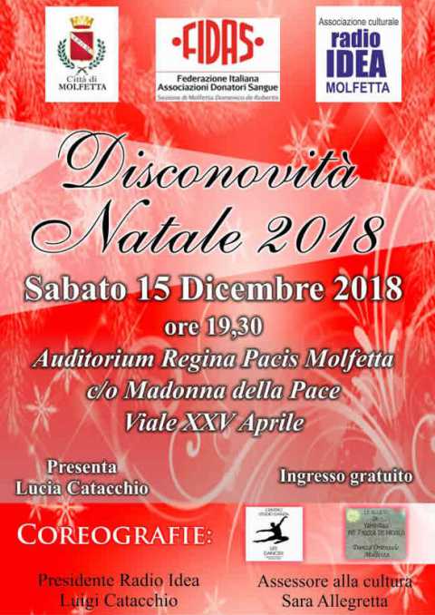 Molfetta, all'Auditorium Regina Pacis musica e danza con Disconovit Natale 2018